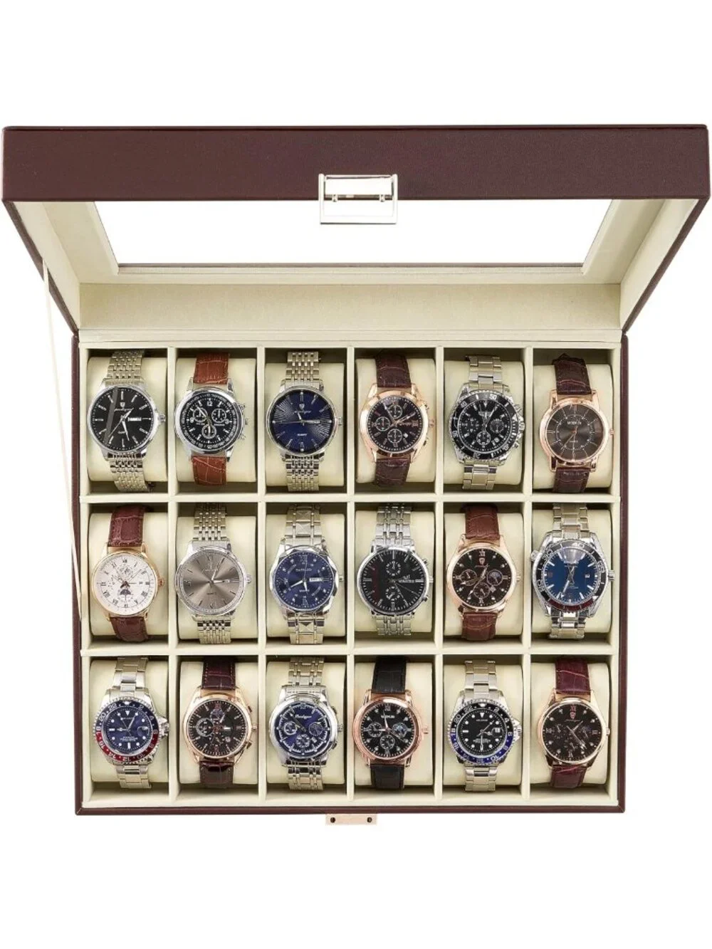 18-Slot Watch Box Organizer - Elegant Espresso & Beige Display Case for Watches